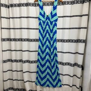 J.Crew Chevron Maxi Dress Blue Green Sleeveless‎ Medium Stretch Viscose Blend